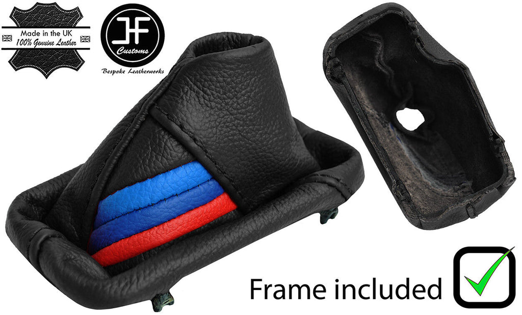 BLACK LEATHER TRI STRIPE AUTOMATIC GEAR GAITER+PLASTIC FRAME FOR BMW E46 99-05