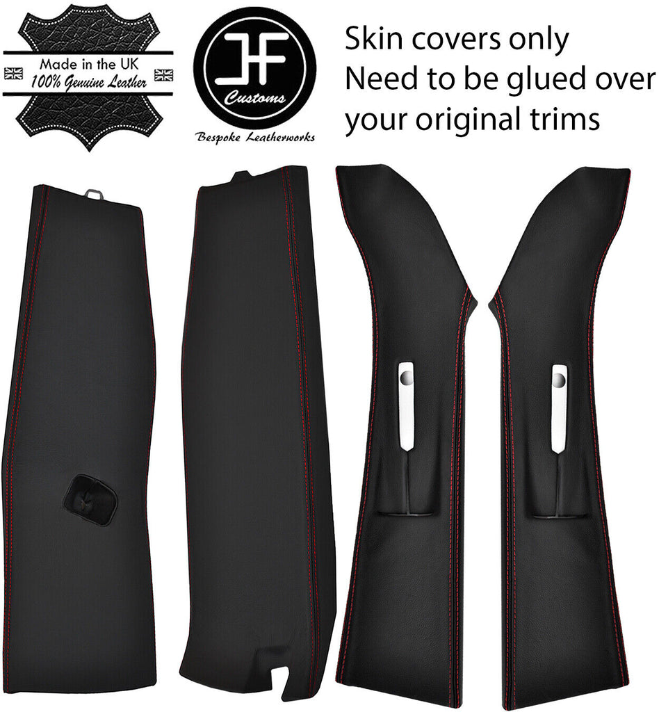 RED STITCH LEATHER 2X UPPER & 2X LOWER B PILLAR COVERS FITS VW T6 2016-2019