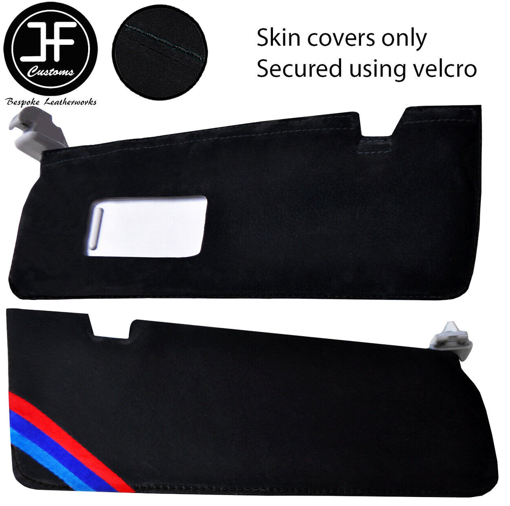 BLACK STITCH TRI STRIPE 2X SUN VISORS SUEDE COVERS FOR BMW F20 F21 11-19