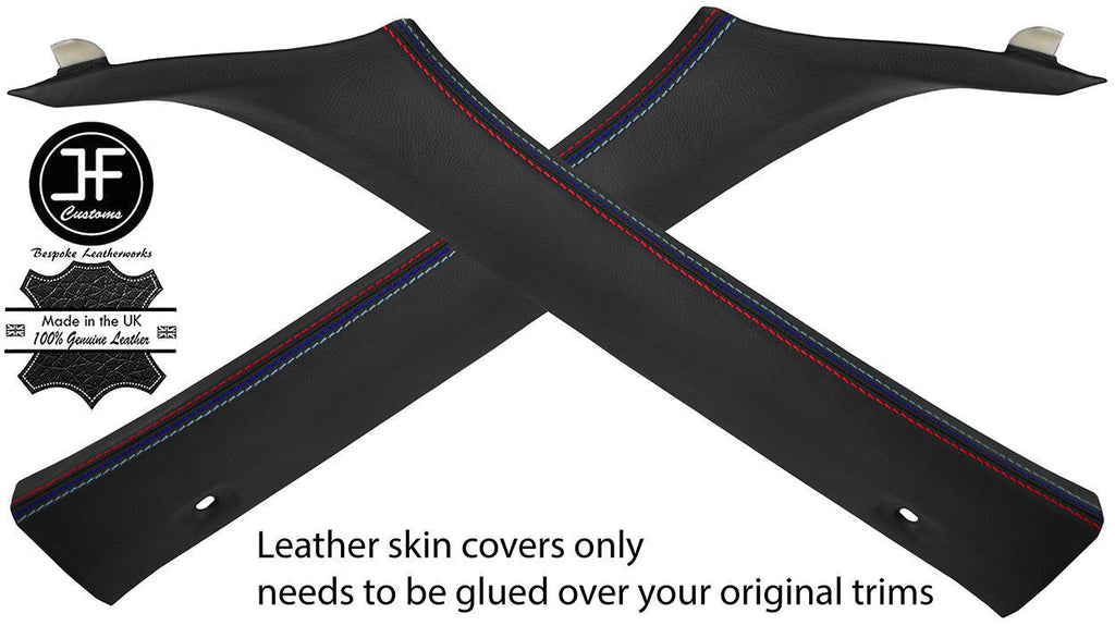 BLACK LEATHER TRI STITCH 2X A PILLAR COVERS FITS BMW 5 SERIES E60 E61 03-11