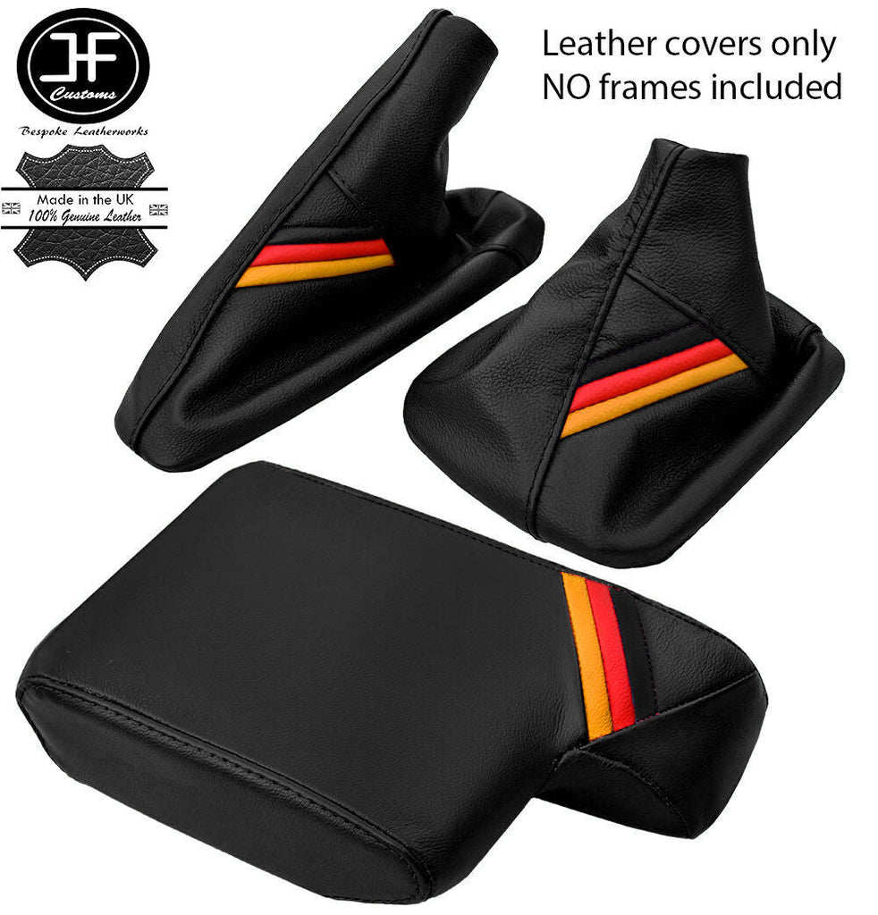 BLACK LEATHER GERMAN STRIPES GEAR HANDBRAKE ARMREST COVER FOR BMW E46 99-05