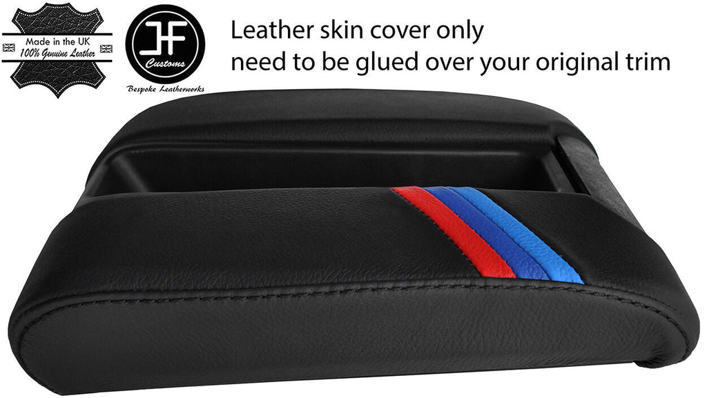 BLACK STITCH TRI STRIPE SLIDING PHONE ARMREST LEATHER COVER FOR BMW 5 E39 96-03