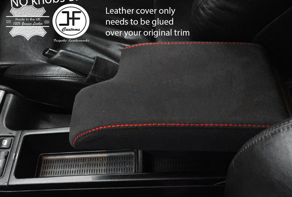 RED STITCHING REAL SUEDE ARMREST COVER FITS BMW 3 SERIES E46 1999-2005