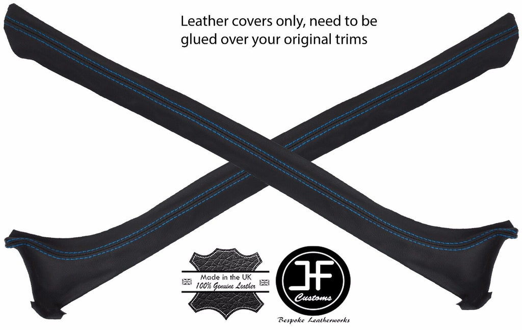BLUE STITCHING 2X A PILLAR REAL LEATHER COVERS FITS FORD ESCORT MK3 MK4