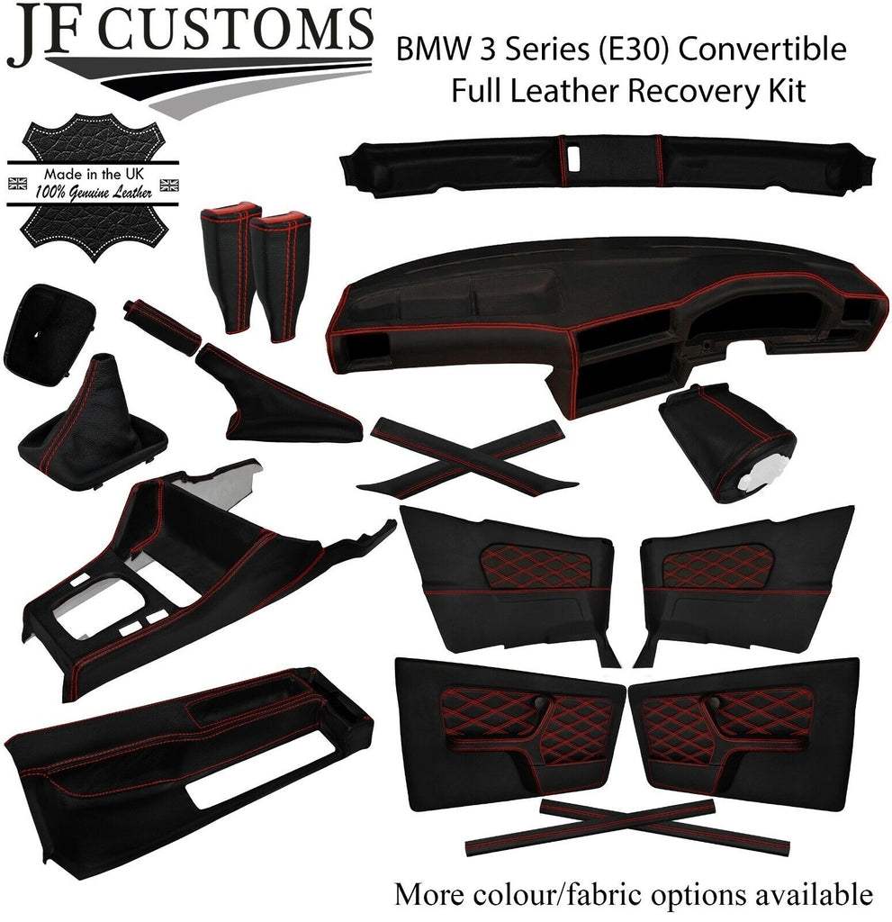 RED STITCH LEATHER COVERS FOR BMW 3 SERIES E30 CONVERTIBLE FULL INTERIOR KIT