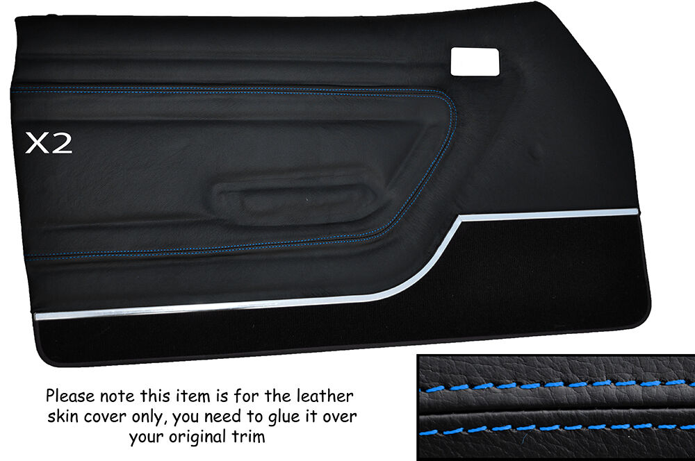 BLUE STITCH 2X FRONT DOOR CARDS LEATHER SKIN COVER FITS FORD CAPRI MK3 STYLE 2