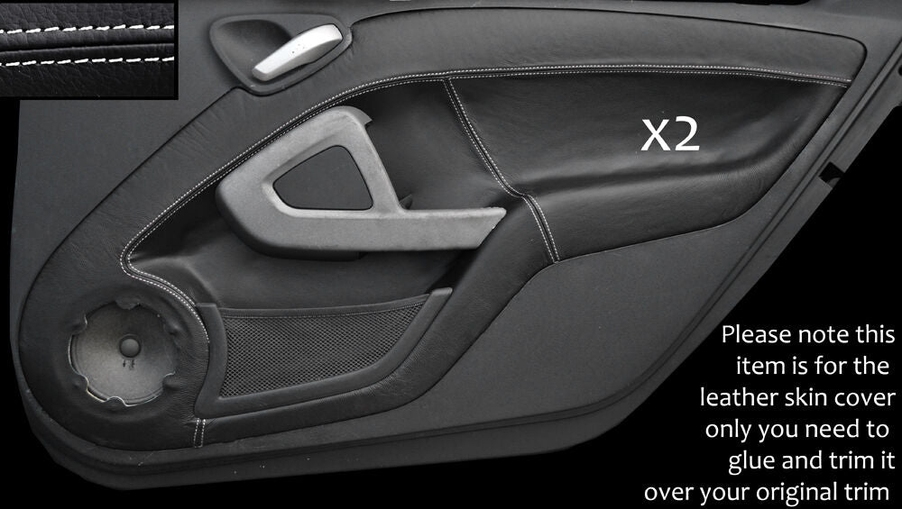 WHITE STITCH 2X DOOR CARDS LEATHER SKIN COVERS FITS SMART FORTWO 451 2007-2014