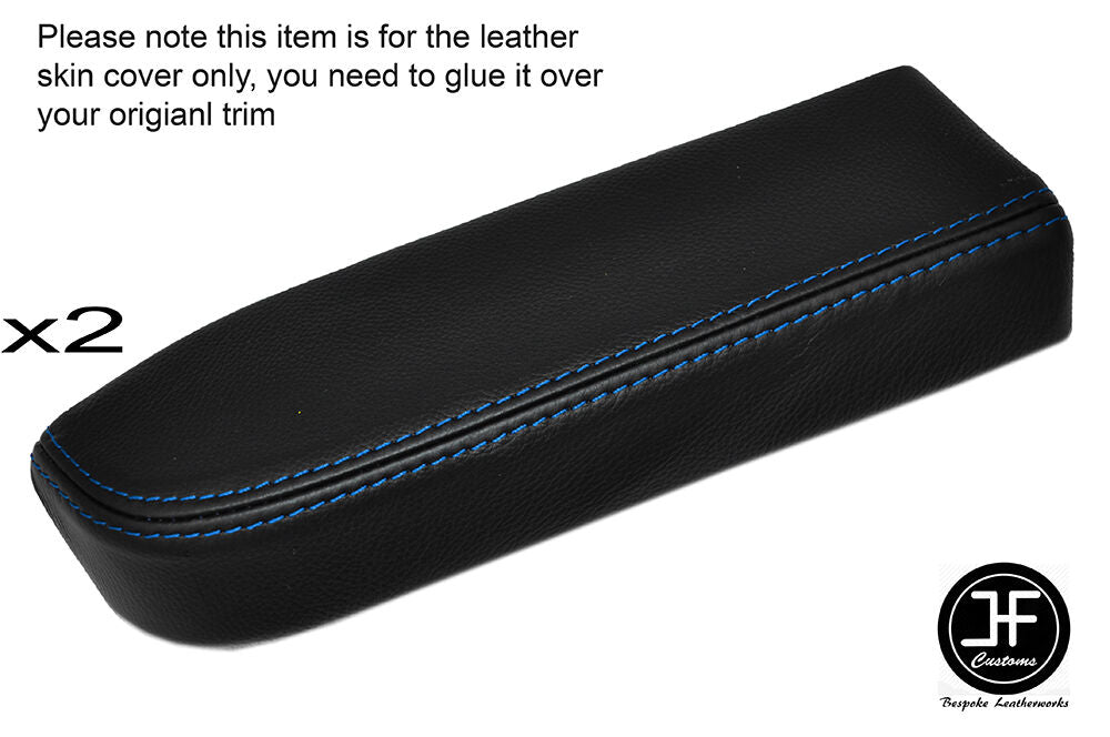 BLUE STITCH 2X DOOR ARMREST BLACK LEATHER SKIN COVERS FITS NISSAN NAVARA D22
