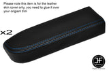 BLUE STITCH 2X DOOR ARMREST BLACK LEATHER SKIN COVERS FITS NISSAN NAVARA D22