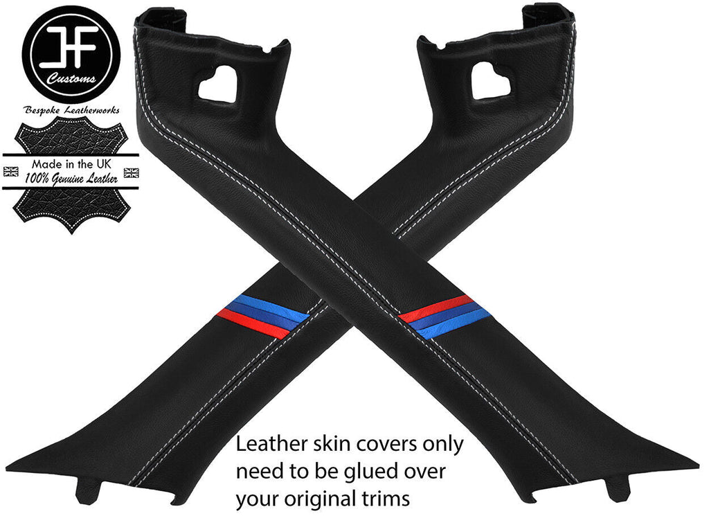 WHITE STITCH TRI STRIPE 2X A PILLAR LEATHER COVER FITS BMW Z4 E85 ROADSTER 03-09