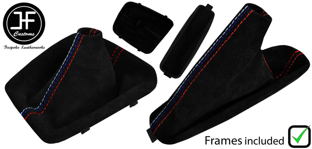 RED & TRI STITCH SUEDE MANUAL GAITER SET+PLASTIC FRAME FOR BMW 3 E46 99-05