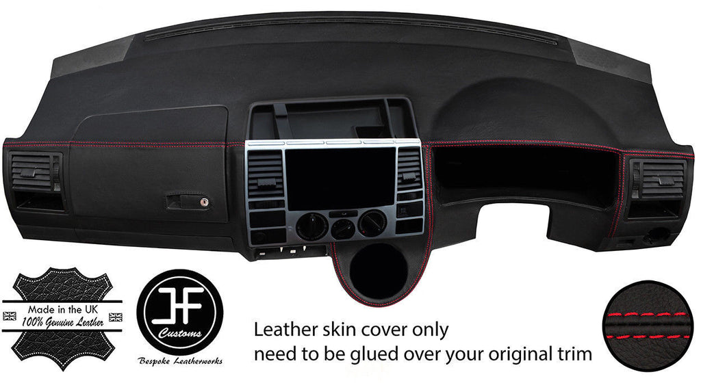 RED STITCH DASH DASHBOARD REAL LEATHER COVER FITS VW T5 TRANSPORTER CARAVELLE