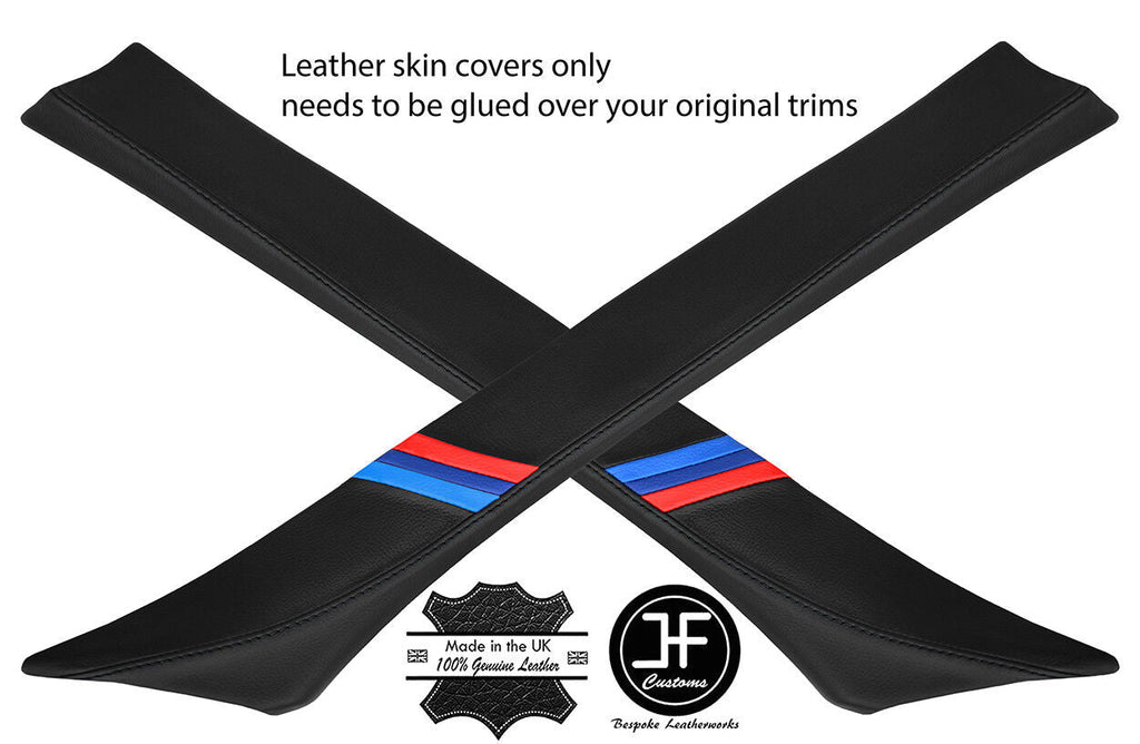BLACK STITCH TRI STRIPE 2X A PILLAR REAL LEATHER COVERS FOR BMW E36 SALOON 91-98