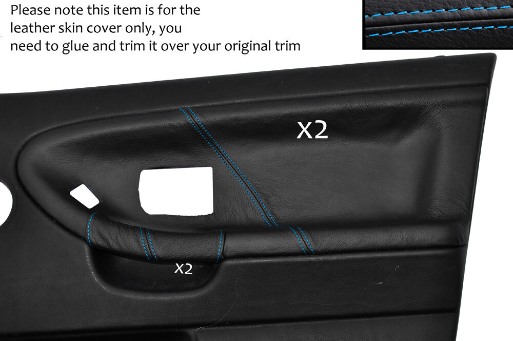 BLUE STITCH 2X FRONT DOOR CARD LEATHER COVERS FITS BMW E36 SALOON SEDAN 91-98