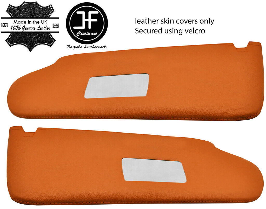 ORANGE REAL LEATHER 2X SUN VISOR COVER FOR VW T5 TRANSPORTER 2 MIRROR CUTOUT