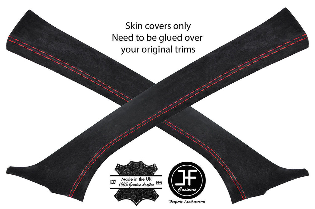 RED STITCHING 2X A PILLAR REAL SUEDE  COVERS FITS PEUGEOT 208 2012-2018