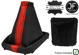 BLACK & RED STRIPE LEATHER GEAR GAITER+PLASTIC FRAME FOR FORD FOCUS MK2 05-08