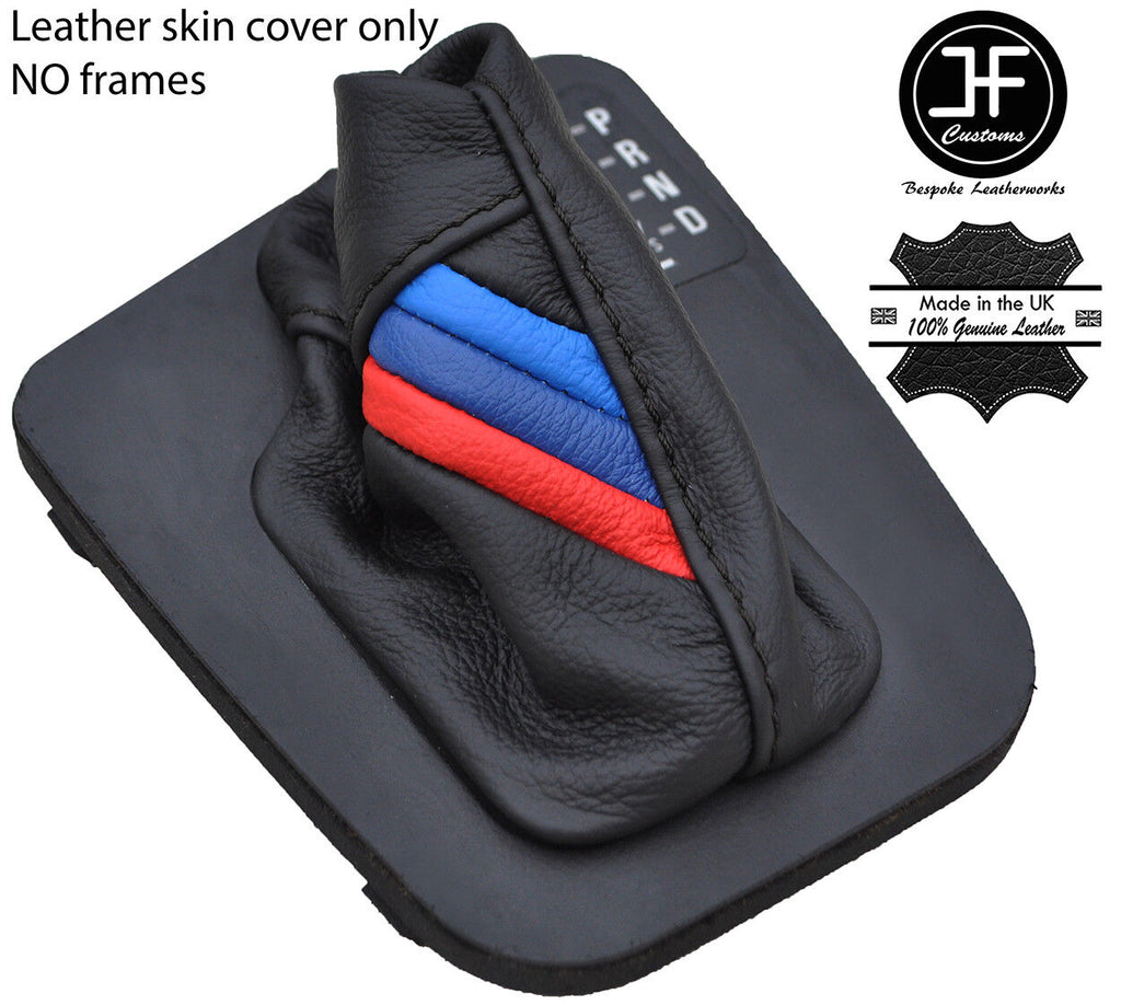 BLACK STITCH TRI STRIPE TOP GRAIN LEATHER AUTO GEAR GAITER FOR BMW E46 99-05