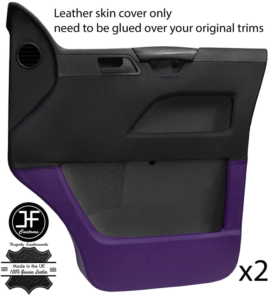 BLACK & PURPLE REAL LEATHER 2X FRONT DOOR CARD COVERS FOR VW T5 TRANSPORTER