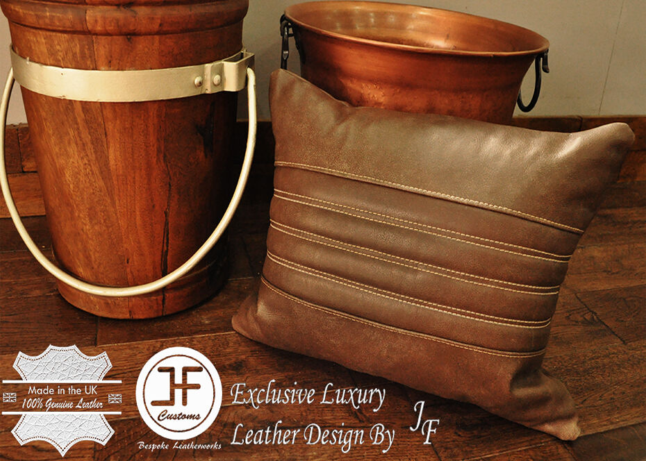 1X EXCLUSIVE LUXURY GENUINE LEATHER CUSHION DISTRESSED BROWN PADDED LINE 18"x18"