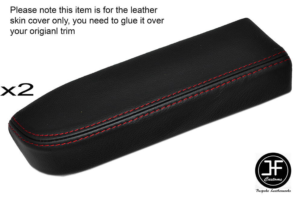 RED STITCH 2X DOOR ARMREST BLACK LEATHER SKIN COVERS FITS NISSAN NAVARA D22