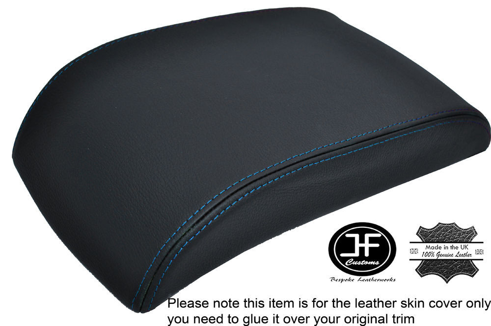 BLUE STITCH BLACK LEATHER SLIDING ARMREST LID COVER FITS VW TOURAN CADDY 03-10