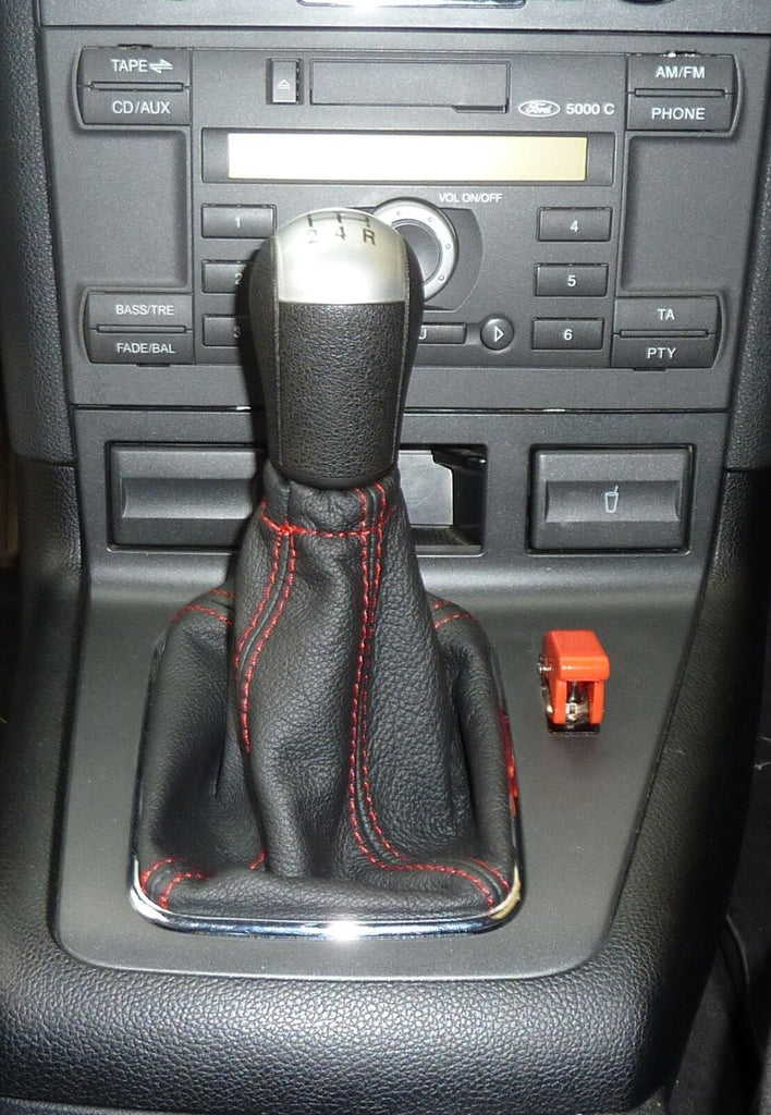 FITS FORD MONDEO MK3 GEAR GAITER BLACK REAL LEATHER 2003-2006 RED STITCHING