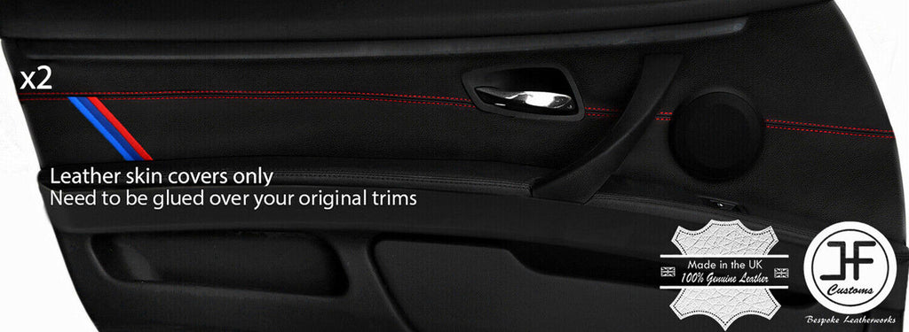 RED STITCH TRI STRIPE 2X FRONT DOOR CARD TRIM LEATHER COVERS FOR BMW 3 E92 E93