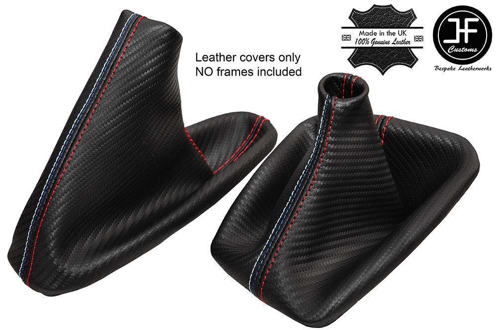 RED & TRI STITCH CARBON LOOK GEAR & HANDBRAKE GAITER FITS BMW E90 E91 E92 E93