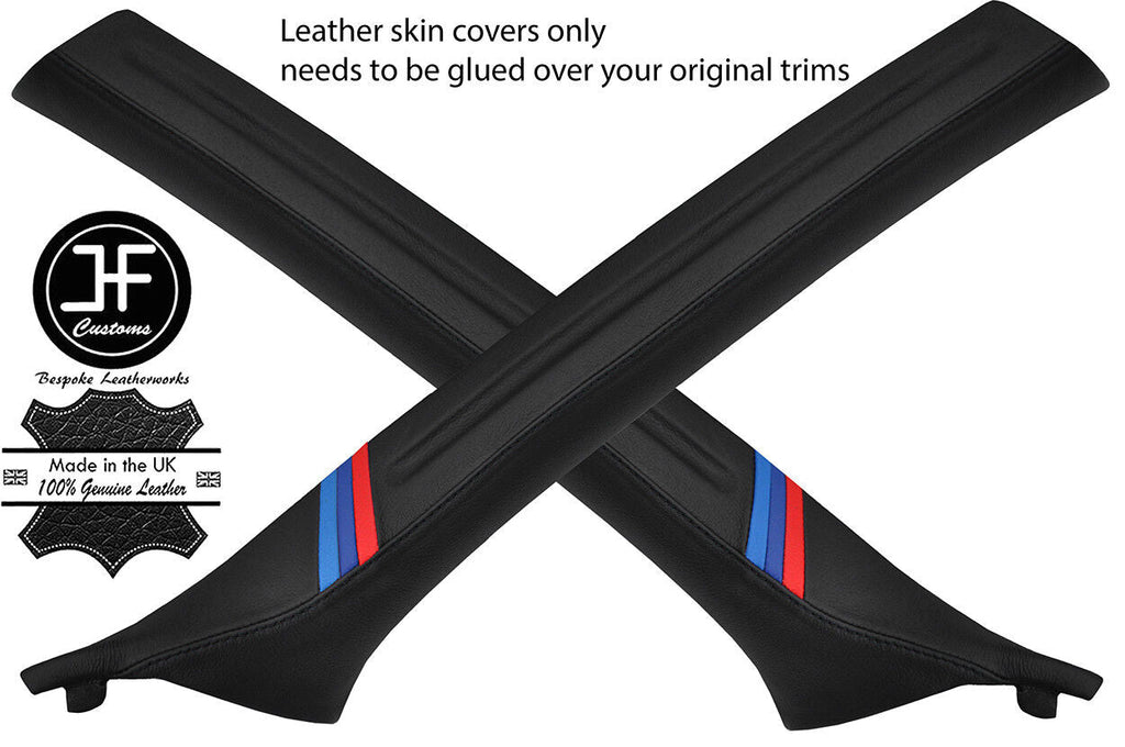 BLACK STITCH TRI STRIPE 2X A PILLAR LEATHER COVERS FOR BMW 3 E46 COUPE 98-05