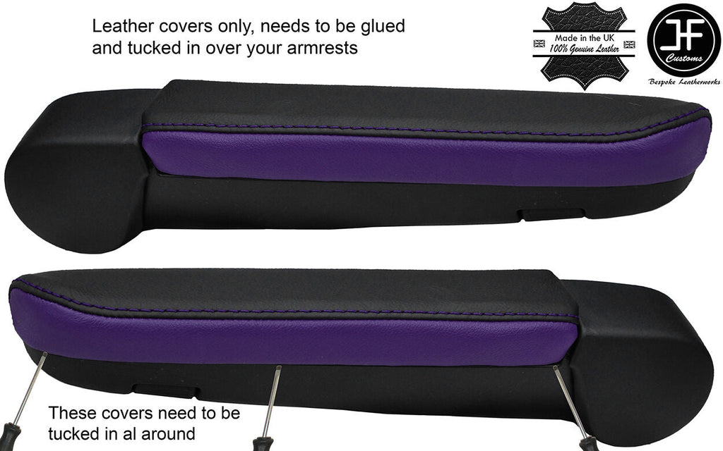 BLACK & PURPLE 2X REAL LEATHER ARMREST COVERS FITS VW T5 TRANSPORTER CARAVELLE