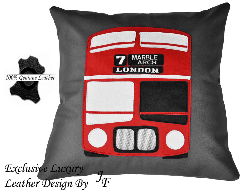 GREY EXCLUSIVE LUXURY LEATHER CUSHION RED LONDON BUS ROUTE MASTER DOUBLE DECKER