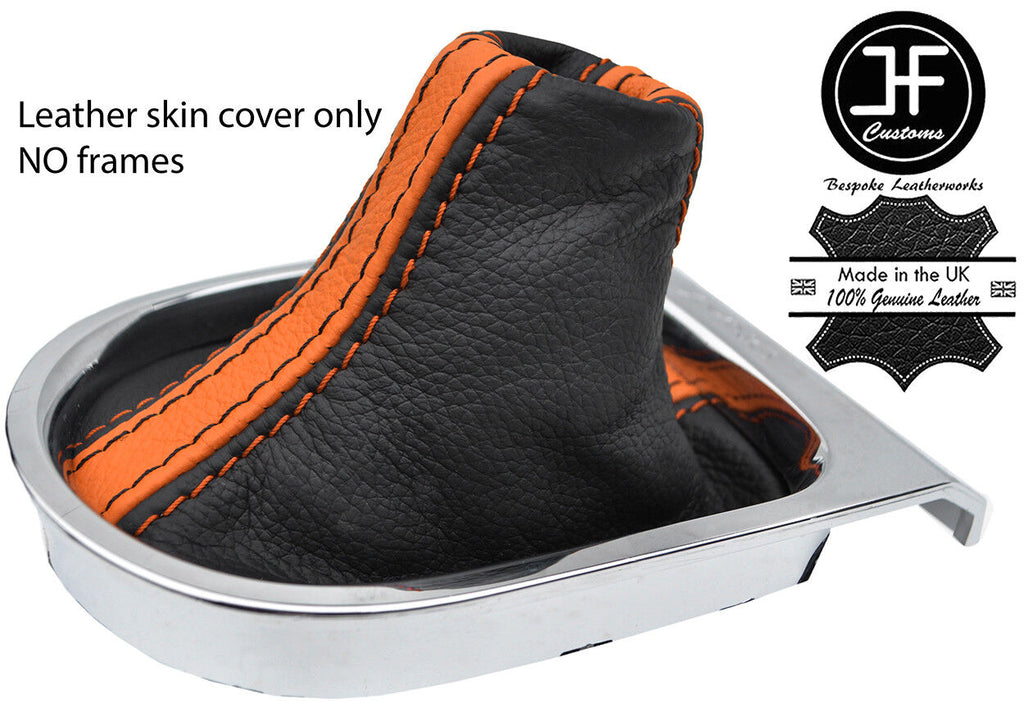 BLACK ORANGE STRIPE TOP GRAIN LEATHER MANUAL GEAR GAITER FOR FORD MUSTANG 15-17