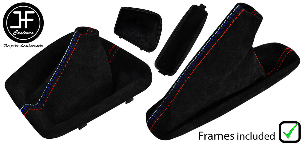 RED & TRI STITCH SUEDE MANUAL GAITER SET+PLASTIC FRAME FOR BMW 3 E36 91-99