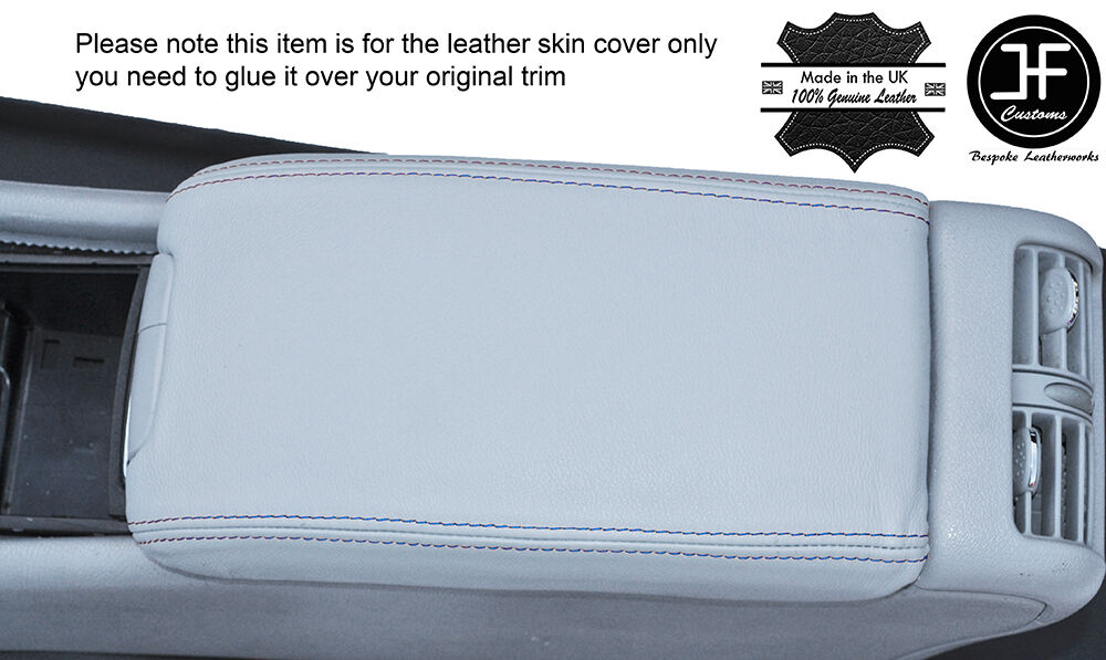 BLUE STITCH LIGHT GREY LEATHER ARMREST COVER FITS MERCEDES C CLASS W203 01-07