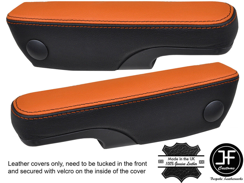 BLACK & ORANGE LEATHER 2X SEAT ARMREST COVERS FITS VW T4 TRANSPORTER CARAVELLE