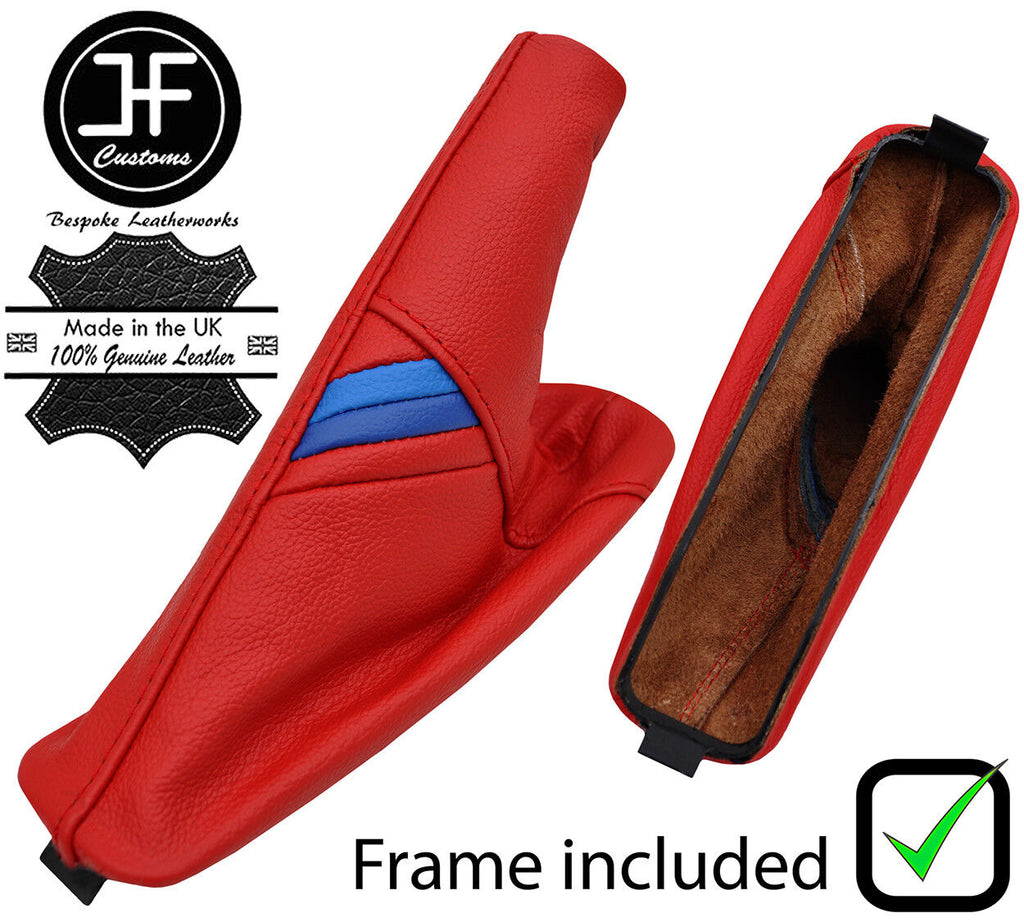 RED LEATHER TRI STRIPE HANDBRAKE GAITER+PLASTIC FRAME FOR BMW 3 E36 91-99