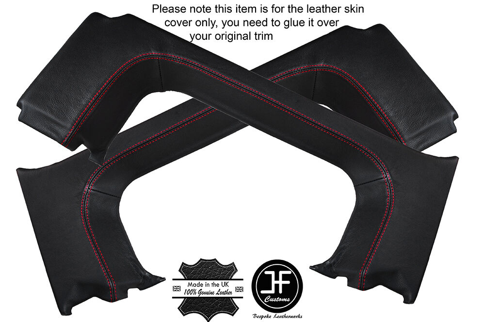 RED STITCH 2X REAR QUARTER WINDOW PANEL LEATHER COVERS FOR DEFENDER 90 3 DOOR