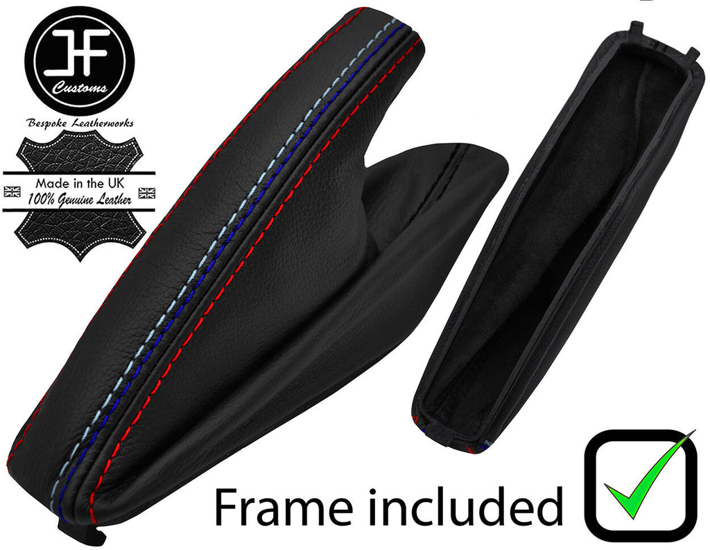 BLACK & TRI STITCH LEATHER HANDBRAKE GAITER+PLASTIC FRAME FITS BMW 5 E34 87-97