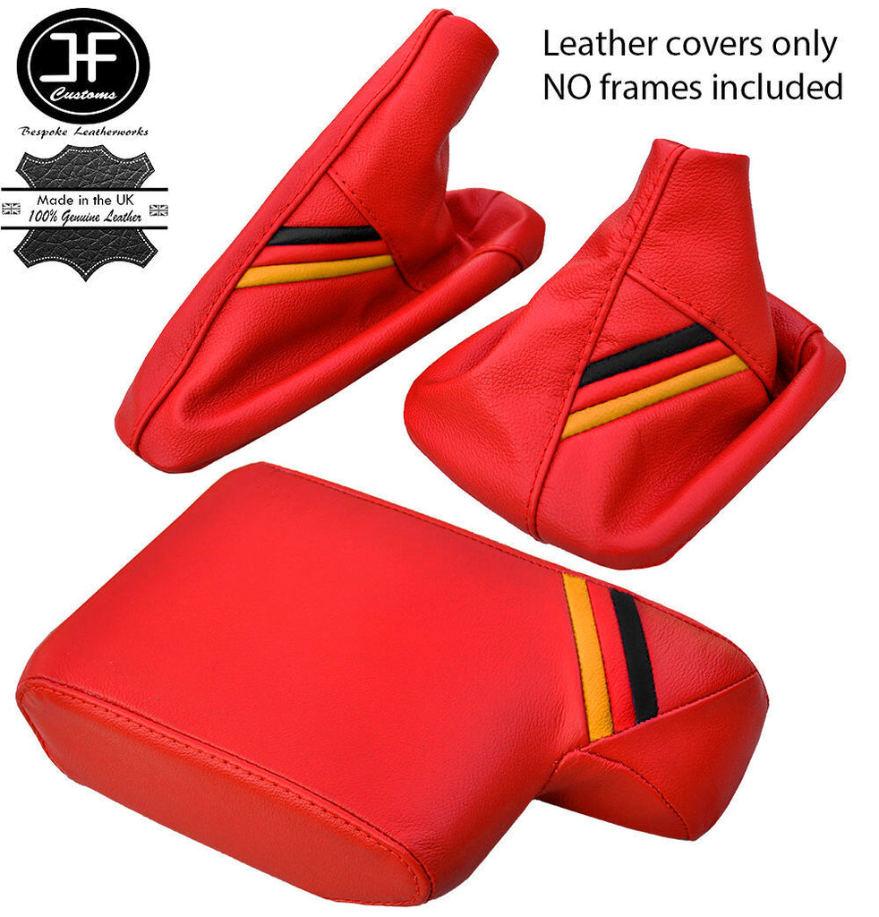 RED LEATHER GERMAN STRIPES GEAR HANDBRAKE ARMREST COVER FOR BMW E46 99-05