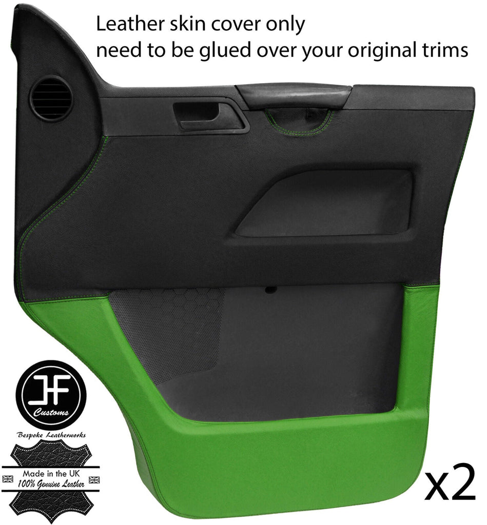 BLACK & GREEN REAL LEATHER 2X FRONT DOOR CARD COVERS FOR VW T5 TRANSPORTER
