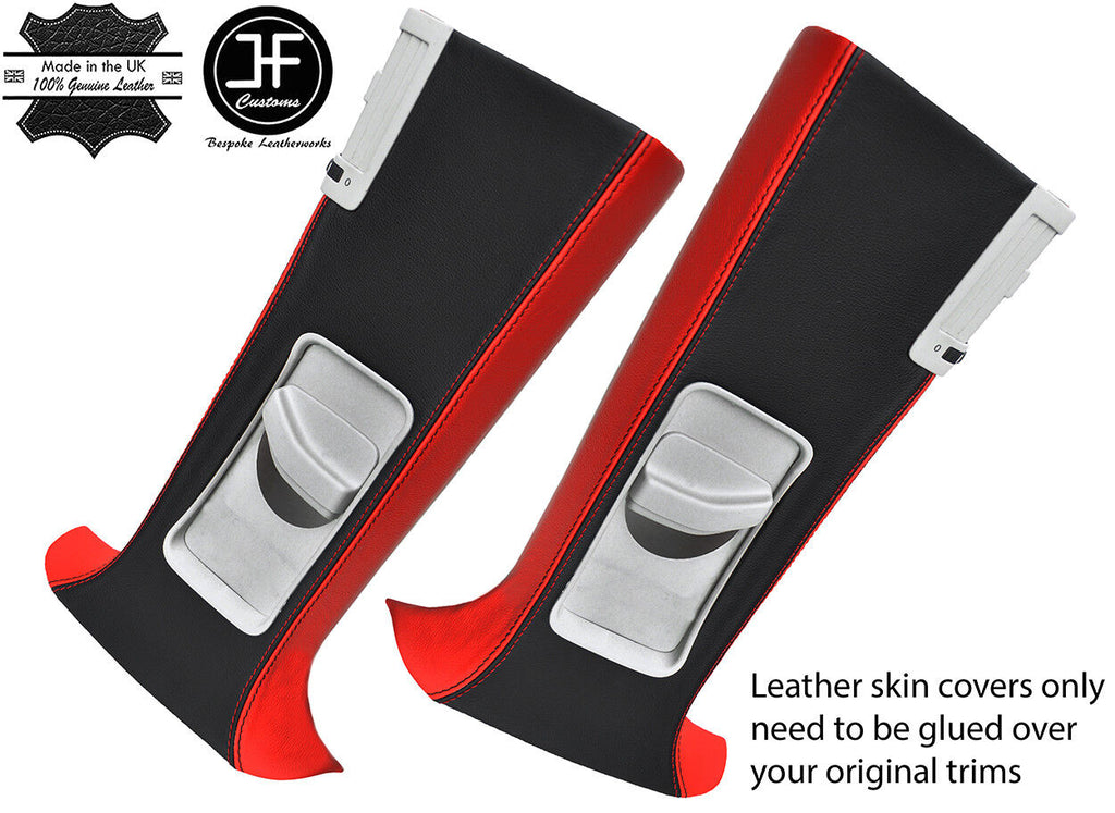 BLACK & RED LEATHER 2X UPPER B PILLAR COVERS FOR VW T5 TRANSPORTER SHUTTLE
