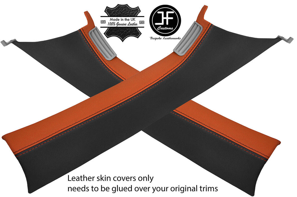 BLACK & ORANGE REAL LEATHER 2X A PILLAR COVERS FOR VW T5 TRANSPORTER CARAVELLE