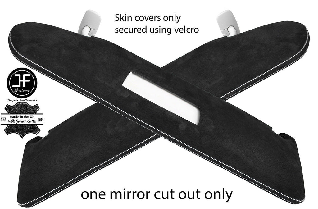 WHITE STITCH 2X SUN VISOR LUXE SUEDE COVERS FOR T5 TRANSPORTER 1 MIRROR CUTOUT