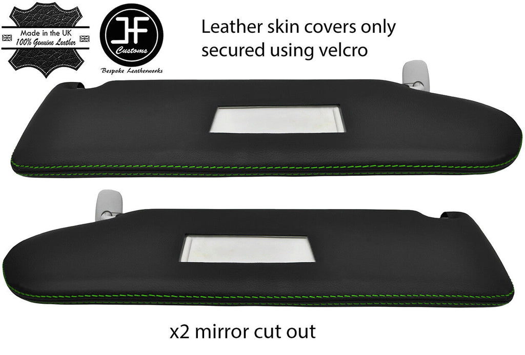 GREEN STITCH 2X SUN VISOR LEATHER COVER FOR VW T5 TRANSPORTER 2 MIRROR CUTOUT