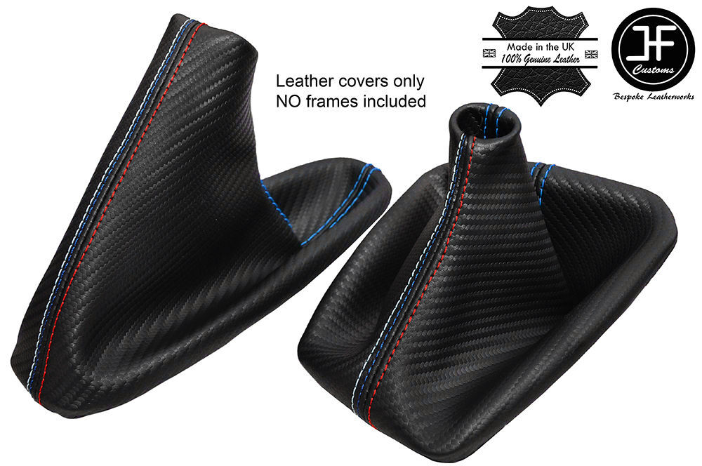 BLUE & TRI STITCH CARBON LOOK GEAR & HANDBRAKE GAITER FITS BMW E90 E91 E92 E93
