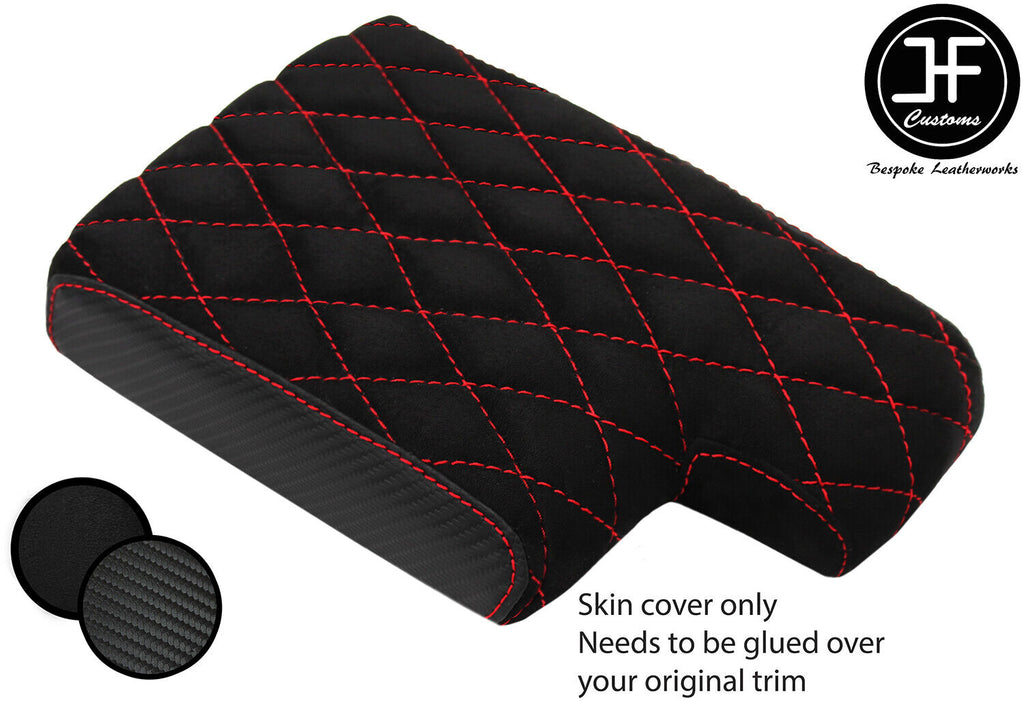 RED DIAMOND STITCH ARMREST CARBON VINYL AND SUEDE COVER FOR BMW 3 E46 99-05