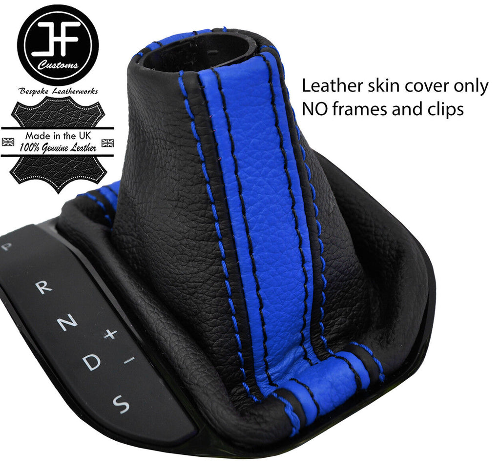 BLACK & BLUE STRIPE LEATHER AUTOMATIC GEAR GAITER FITS VW T6 TRANSPORTER 16-19