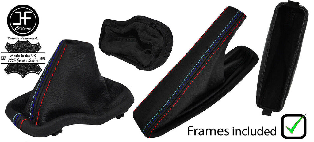 BLACK & TRI STITCH LEATHER AUTO GAITER SET+ PLASTIC FRAME FOR BMW E63 E64 04-06