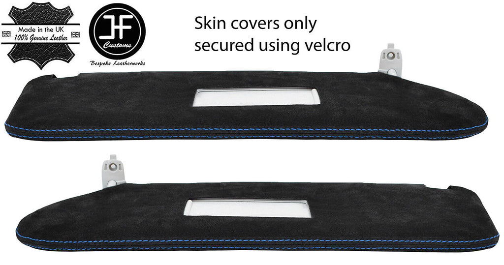 BLUE STITCHING 2X SUN VISOR LUXE SUEDE COVER FOR T6 TRANSPORTER 2 MIRROR CUTOUT